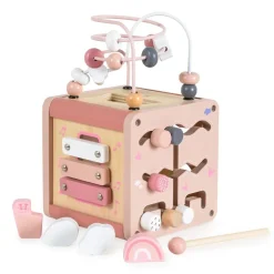 Moni Aktivitätswürfel Holz W11B316, Sortierspiel, Xylophon, Labyrinth, Motorik rosa