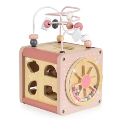 Moni Aktivitätswürfel Holz W11B316, Sortierspiel, Xylophon, Labyrinth, Motorik rosa