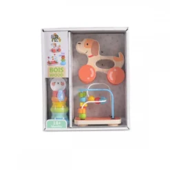 Moni Holzspielzeug-Set 2203, 9-tlg, Motorikschleife, Nachziehtier, Stapelspiel bunt
