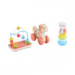 Moni Holzspielzeug-Set 2203, 9-tlg, Motorikschleife, Nachziehtier, Stapelspiel bunt