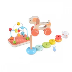 Moni Holzspielzeug-Set 2203, 9-tlg, Motorikschleife, Nachziehtier, Stapelspiel bunt