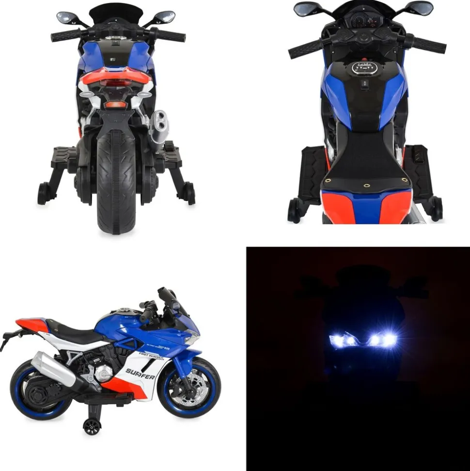Moni Kinder Elektromotorrad Surfer Stützräder Fußstütze Bluetooth MP3-Ausgang blau