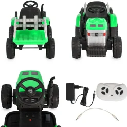 Moni Kinder Elektrotraktor Dallas mit Anhänger, Fernbedienung, Musik, Lichter grün