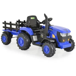 Moni Kinder Elektrotraktor Rancher mit Anhänger, Hupe, Licht, MP3, Fernbedienung blau