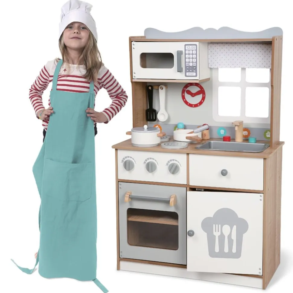 Moni Kinderküche 7253 aus Holz 93,5 cm Spülbecken, Herd, Mikrowelle, Uhr, 14-tlg braun