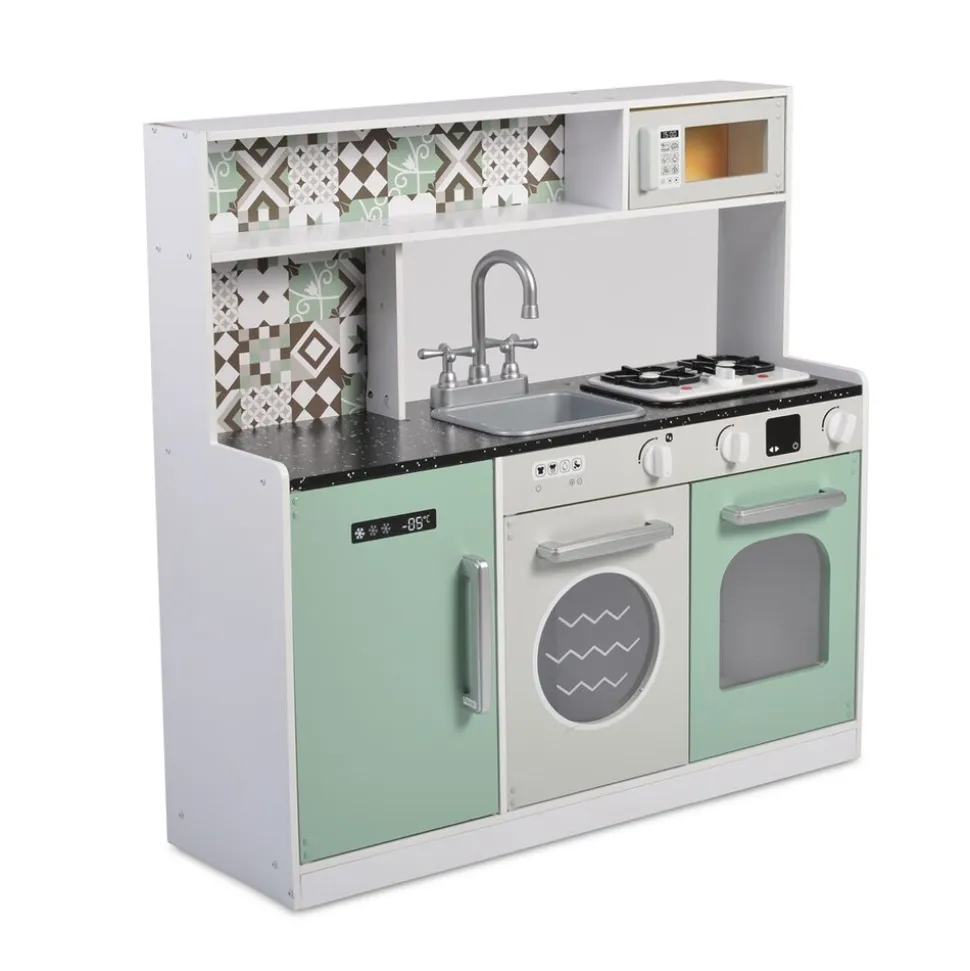 Moni Kinderküche 7257 Holz 80 cm hoch Spülbecken Backofen Mikrowelle Licht Musik grün
