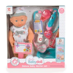 Moni Kinderpuppe 31 cm Stethoskop, Arztzubehör, Arztausweis, mit Geräuschen grau