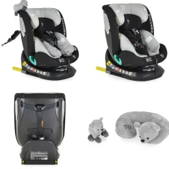 Moni Kindersitz Serengeti i-Size (40-150cm) Isofix, Kuscheltier, Nackenkissen grau