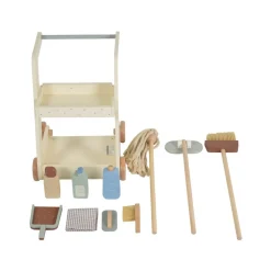 Moni Kinder-Spielzeugputzwagen W10D787 Holz Besen Mopp Schwamm Bürste mit Räder beige