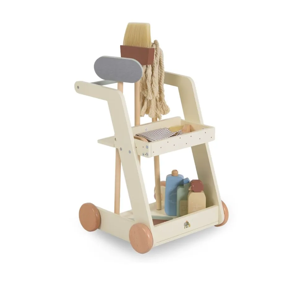 Moni Kinder-Spielzeugputzwagen W10D787 Holz Besen Mopp Schwamm Bürste mit Räder beige