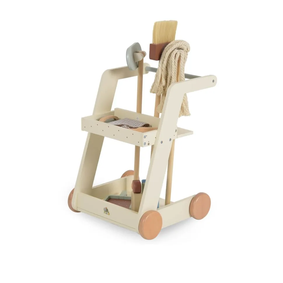 Moni Kinder-Spielzeugputzwagen W10D787 Holz Besen Mopp Schwamm Bürste mit Räder beige