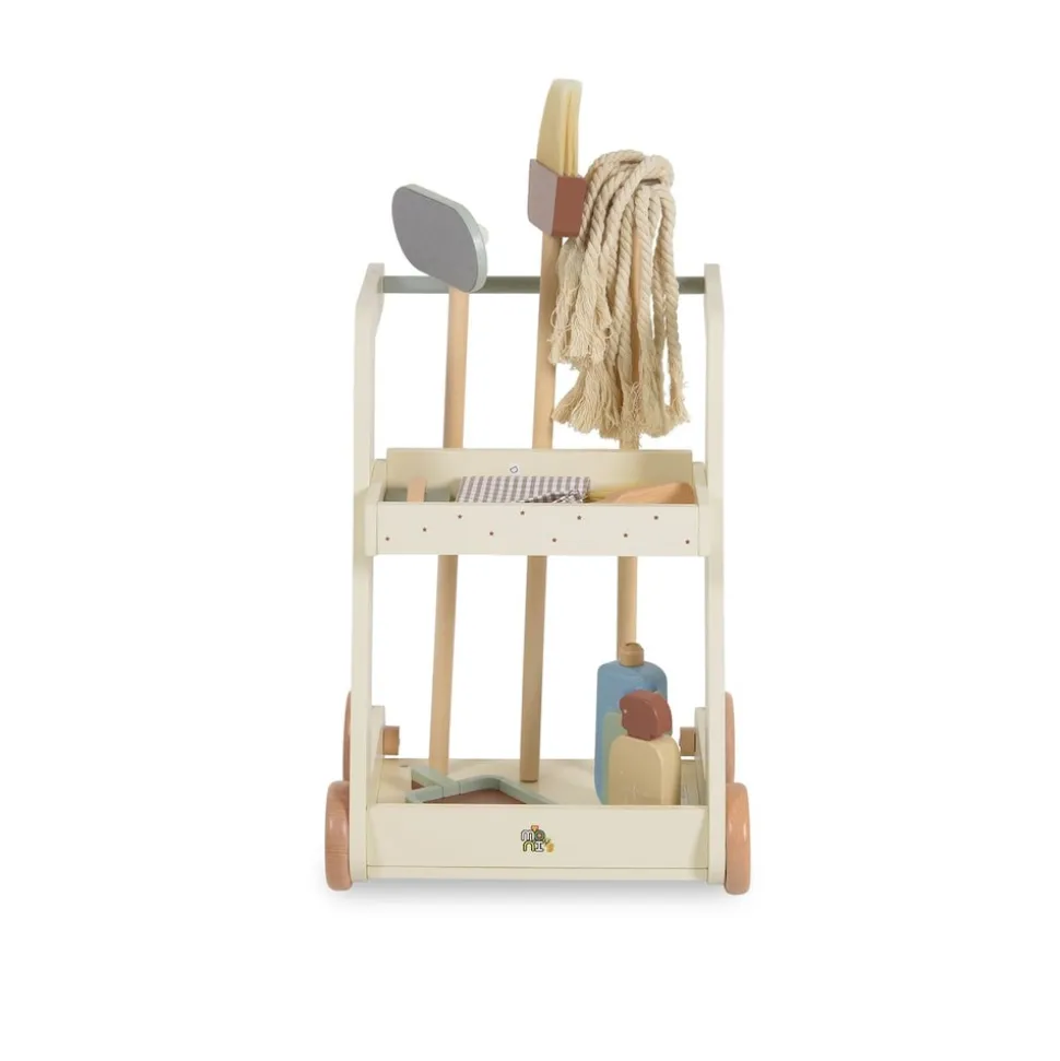 Moni Kinder-Spielzeugputzwagen W10D787 Holz Besen Mopp Schwamm Bürste mit Räder beige