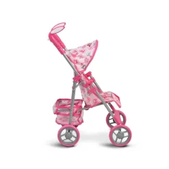 Moni Puppenwagen Flower Garden, Rückenlehne und Griffe verstellbar klappbar Korb pink