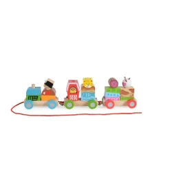 Moni Spielzeug Zug 2036, Bauernzug aus Holz, Formsortierspiel, 1 Lok, 2 Waggons bunt