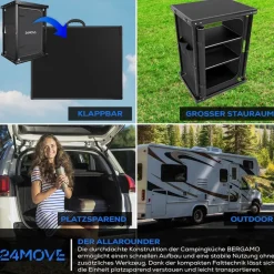 24MOVE® Campingküche BERGAMO faltbar, Aluminium Reiseküche mit Arbeitsplatte, Staufächern & stabilem Gestell für Camping