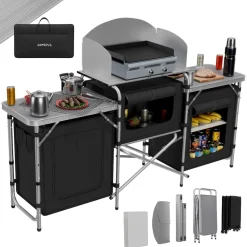 24MOVE® Campingküche CAMPO faltbar, Alu Outdoorküche mit Arbeitsplatte und Staufächern inkl. Windschutz und Tragetasche