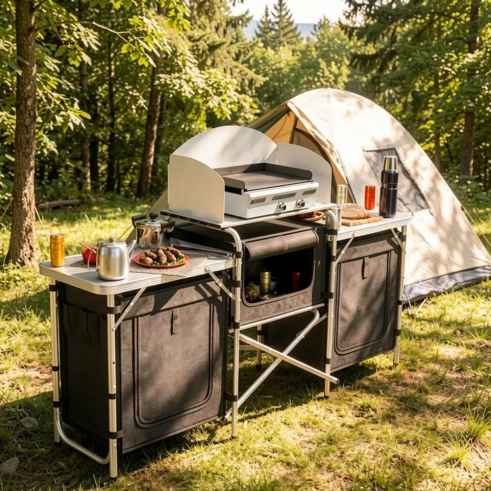 24MOVE® Campingküche CAMPO faltbar, Alu Outdoorküche mit Arbeitsplatte und Staufächern inkl. Windschutz und Tragetasche