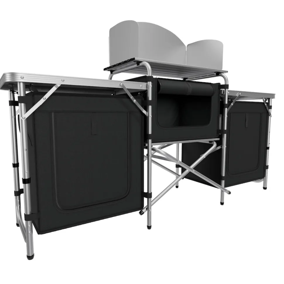 24MOVE® Campingküche CAMPO faltbar, Alu Outdoorküche mit Arbeitsplatte und Staufächern inkl. Windschutz und Tragetasche