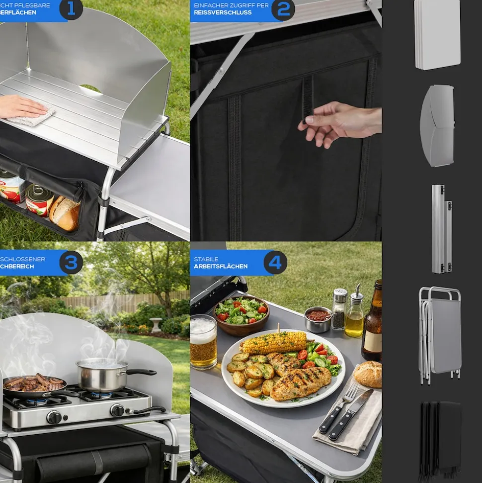 24MOVE® Campingküche CAMPO faltbar, Alu Outdoorküche mit Arbeitsplatte und Staufächern inkl. Windschutz und Tragetasche