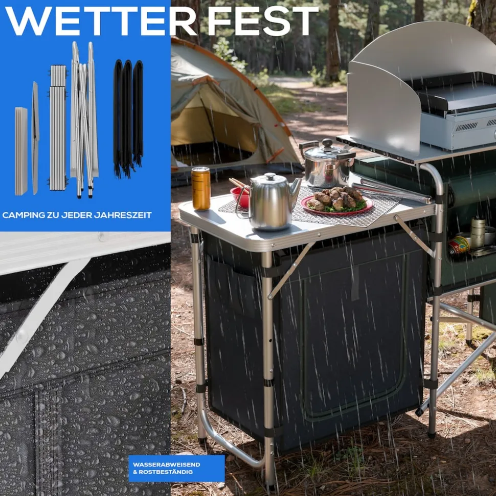 24MOVE® Campingküche CAMPO faltbar, Alu Outdoorküche mit Arbeitsplatte und Staufächern inkl. Windschutz und Tragetasche