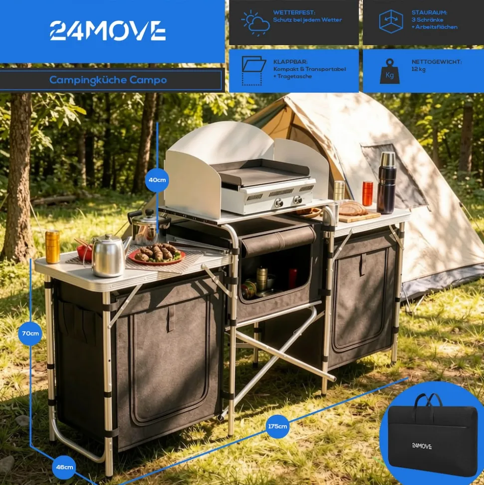 24MOVE® Campingküche CAMPO faltbar, Alu Outdoorküche mit Arbeitsplatte und Staufächern inkl. Windschutz und Tragetasche