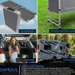24MOVE® Campingküche PRAIA faltbar, Alu Outdoorküche mit Arbeitsplatte und Staufächern, höhenverstellbar