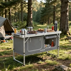 24MOVE® Campingküche PRAIA faltbar, Alu Outdoorküche mit Arbeitsplatte und Staufächern, höhenverstellbar