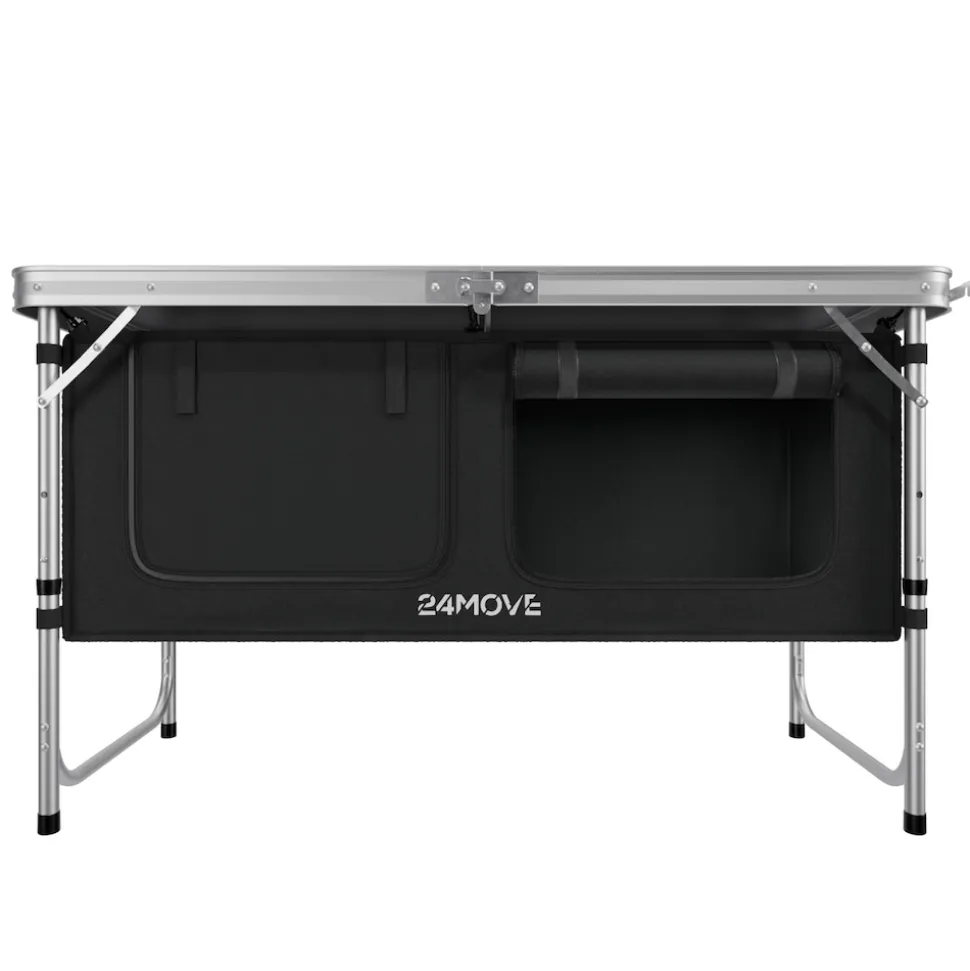 24MOVE® Campingküche PRAIA faltbar, höhenverstellbarer Campingschrank Alu Reiseküche mit Arbeitsplatte und Staufächern, Outdoor Camping, tragbar