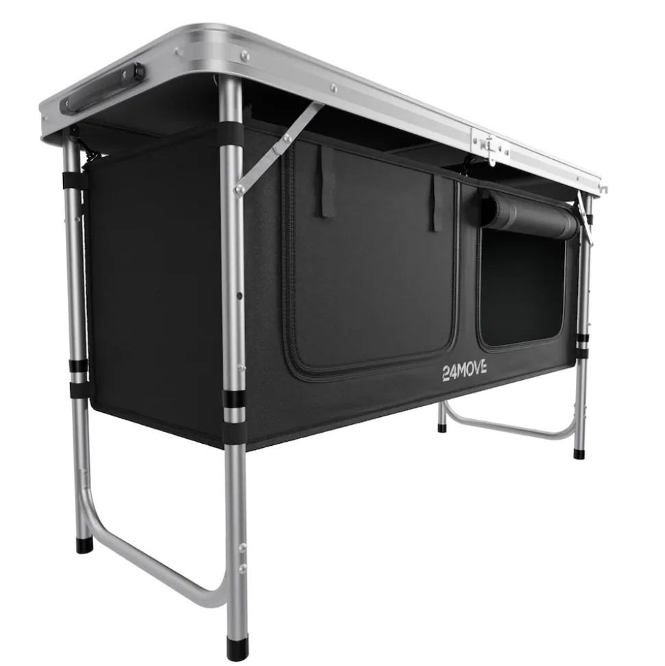 24MOVE® Campingküche PRAIA faltbar, höhenverstellbarer Campingschrank Alu Reiseküche mit Arbeitsplatte und Staufächern, Outdoor Camping, tragbar