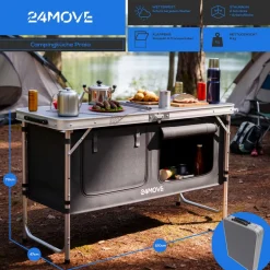 24MOVE® Campingküche PRAIA faltbar, höhenverstellbarer Campingschrank Alu Reiseküche mit Arbeitsplatte und Staufächern, Outdoor Camping, tragbar