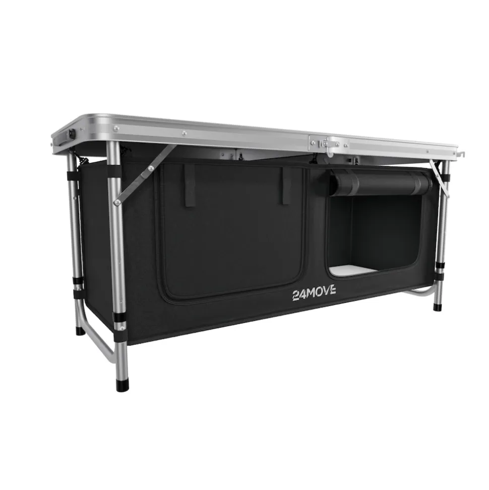 24MOVE® Campingküche PRAIA faltbar, höhenverstellbarer Campingschrank Alu Reiseküche mit Arbeitsplatte und Staufächern, Outdoor Camping, tragbar