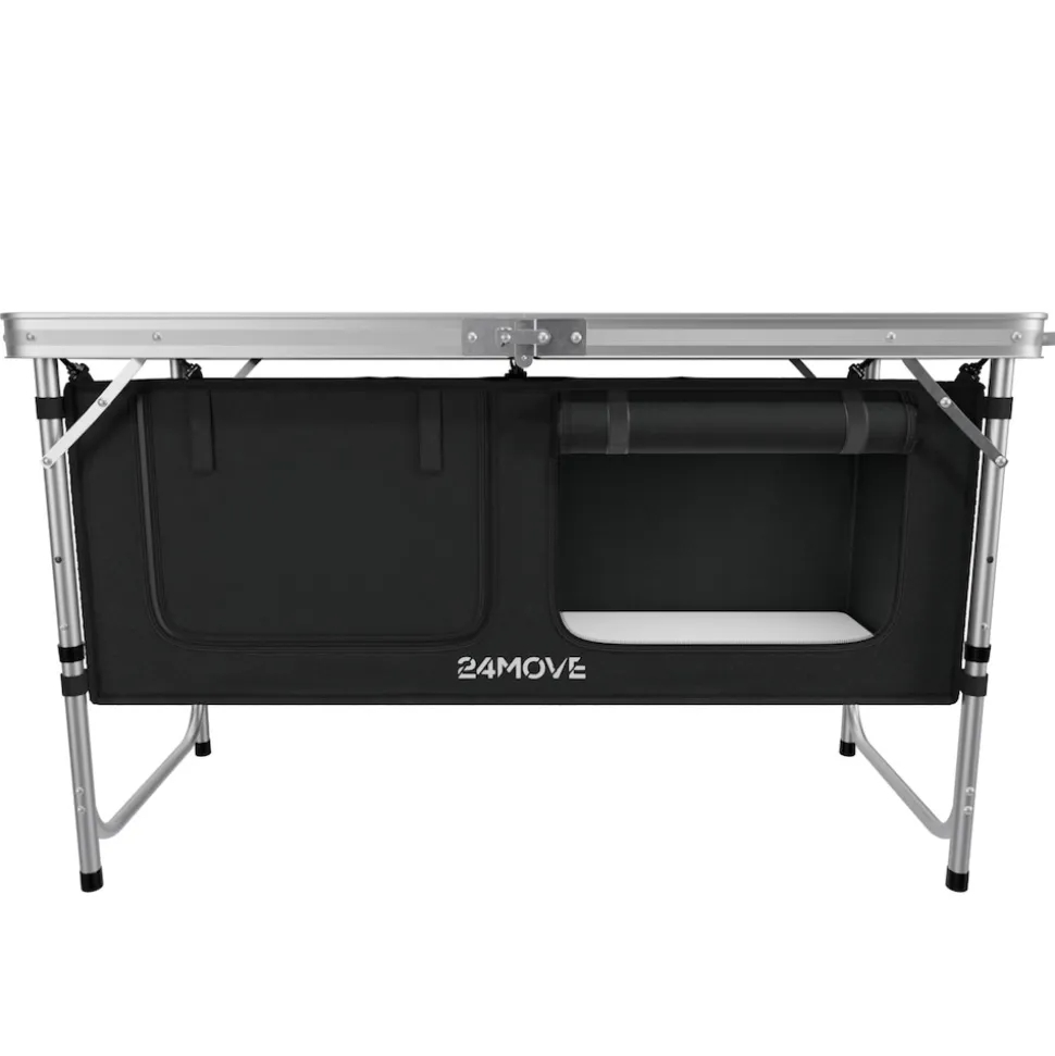 24MOVE® Campingküche PRAIA faltbar, höhenverstellbarer Campingschrank Alu Reiseküche mit Arbeitsplatte und Staufächern, Outdoor Camping, tragbar