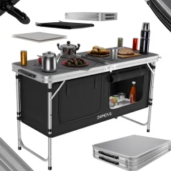 24MOVE® Campingküche PRAIA faltbar, höhenverstellbarer Campingschrank Alu Reiseküche mit Arbeitsplatte und Staufächern, Outdoor Camping, tragbar