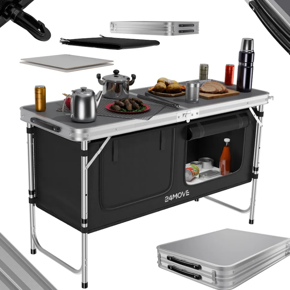 24MOVE® Campingküche PRAIA faltbar, höhenverstellbarer Campingschrank Alu Reiseküche mit Arbeitsplatte und Staufächern, Outdoor Camping, tragbar