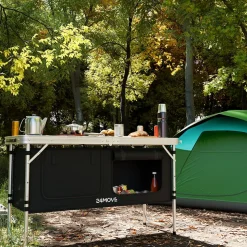 24MOVE® Campingküche PRAIA faltbar, höhenverstellbarer Campingschrank Alu Reiseküche mit Arbeitsplatte und Staufächern, Outdoor Camping, tragbar