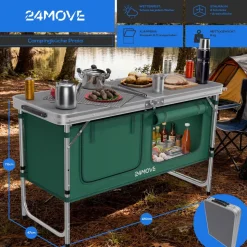 24MOVE® Campingküche PRAIA faltbar, Alu Outdoorküche mit Arbeitsplatte und Staufächern, höhenverstellbar