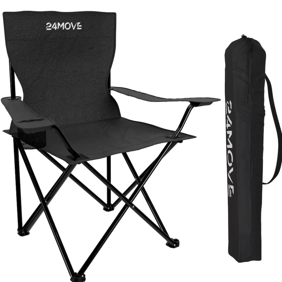 24MOVE® Campingstuhl Faltstuhl, 2er Set, schwarz, mit Getränkehalter und Tragetasche Outdoor, faltbar max. 100kg, Anglerstuhl, Klappstuhl