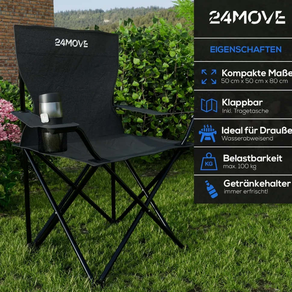 24MOVE® Campingstuhl Faltstuhl, 2er Set, schwarz, mit Getränkehalter und Tragetasche Outdoor, faltbar max. 100kg, Anglerstuhl, Klappstuhl