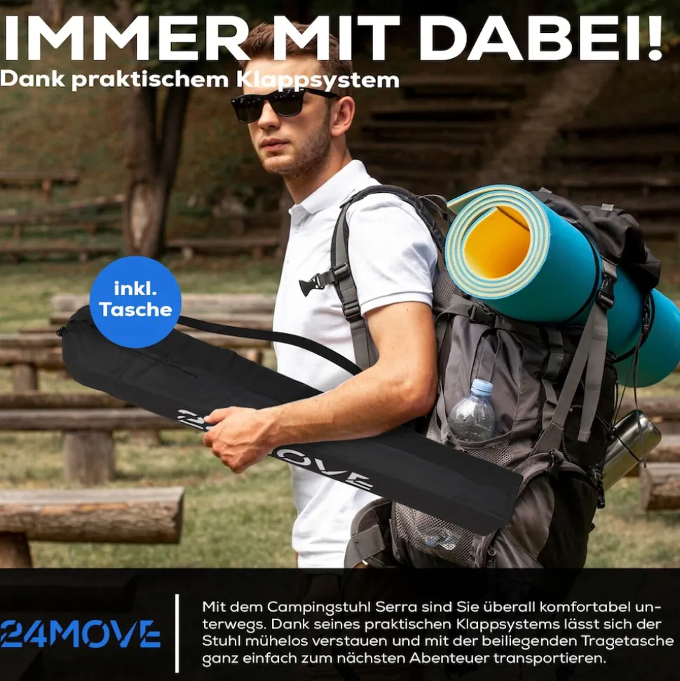 24MOVE® Campingstuhl Faltstuhl, 2er Set, schwarz, mit Getränkehalter und Tragetasche Outdoor, faltbar max. 100kg, Anglerstuhl, Klappstuhl