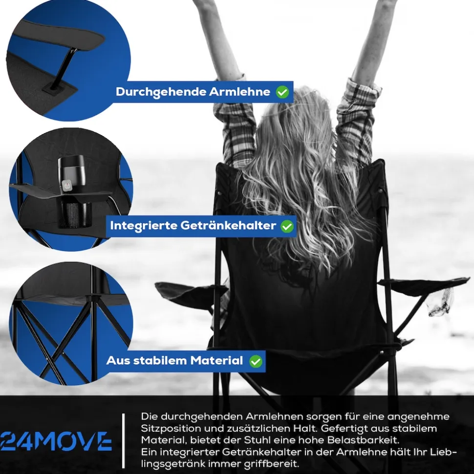 24MOVE® Campingstuhl Faltstuhl, 2er Set, schwarz, mit Getränkehalter und Tragetasche Outdoor, faltbar max. 100kg, Anglerstuhl, Klappstuhl