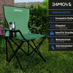 24MOVE® Campingstuhl Faltstuhl, 2er Set, grün, mit Getränkehalter und Tragetasche Outdoor, faltbar max. 100kg, Anglerstuhl, Polyester