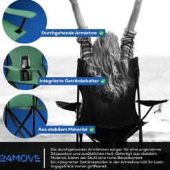 24MOVE® Campingstuhl Faltstuhl, 2er Set, grün, mit Getränkehalter und Tragetasche Outdoor, faltbar max. 100kg, Anglerstuhl, Polyester