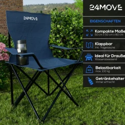 24MOVE® Campingstuhl Faltstuhl 2er Set, blau, mit Getränkehalter und Tragetasche Outdoor, faltbar max. 100kg, Angerstuhl, Klappstuhl