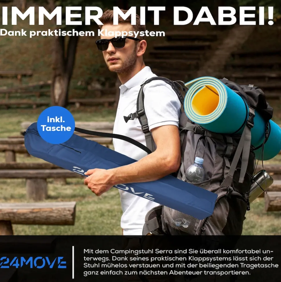 24MOVE® Campingstuhl Faltstuhl 2er Set, blau, mit Getränkehalter und Tragetasche Outdoor, faltbar max. 100kg, Angerstuhl, Klappstuhl