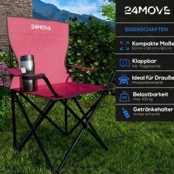 24MOVE® Campingstuhl Faltstuhl, schwarz, mit Getränkehalter und Tragetasche Outdoor, faltbar max. 100kg, Angerstuhl, Klappstuhl