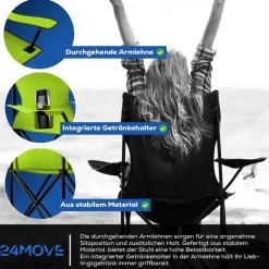 24MOVE® Campingstuhl Faltstuhl, hellgrün, mit Getränkehalter und Tragetasche Outdoor, faltbar max. 100kg, Angerstuhl, Klappstuhl