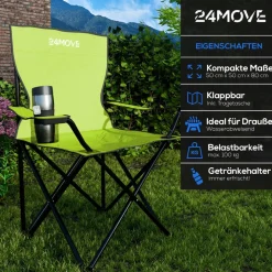 24MOVE® Campingstuhl Faltstuhl, hellgrün, mit Getränkehalter und Tragetasche Outdoor, faltbar max. 100kg, Angerstuhl, Klappstuhl