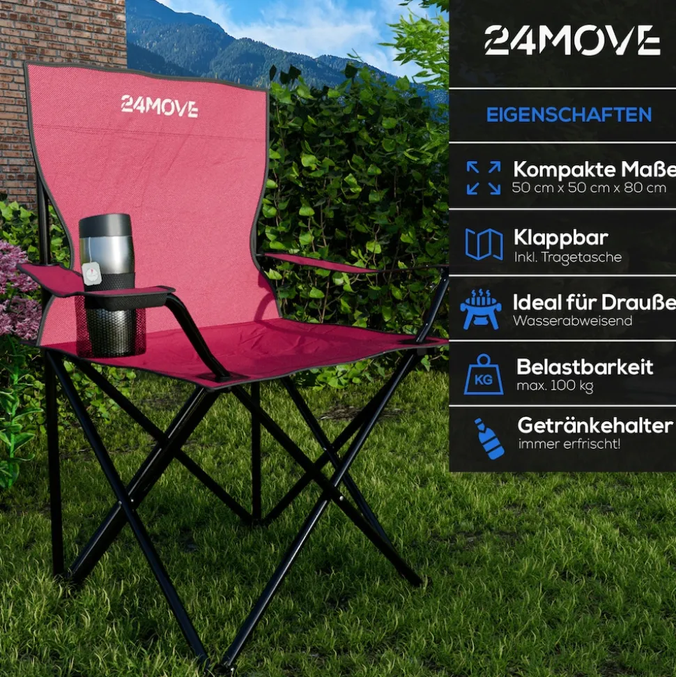 24MOVE® Campingstuhl Faltstuhl, 2er Set, schwarz, mit Getränkehalter und Tragetasche Outdoor, faltbar max. 100kg, Angerstuhl, Klappstuhl