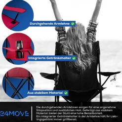 24MOVE® Campingstuhl Faltstuhl, 2er Set, schwarz, mit Getränkehalter und Tragetasche Outdoor, faltbar max. 100kg, Angerstuhl, Klappstuhl