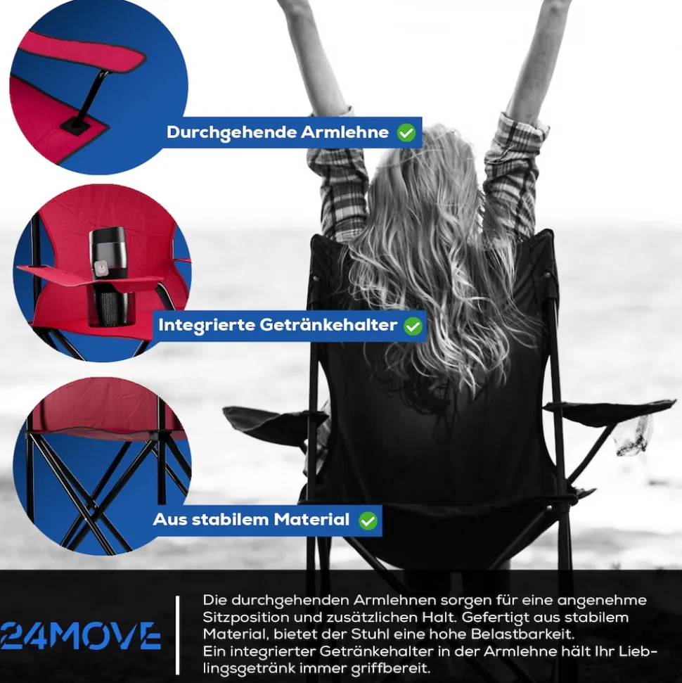 24MOVE® Campingstuhl Faltstuhl, 2er Set, schwarz, mit Getränkehalter und Tragetasche Outdoor, faltbar max. 100kg, Angerstuhl, Klappstuhl